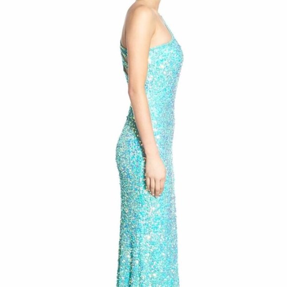 MAC DUGGAL SEQUIN CUTOUT ONE SHOULDER CRYSTAL MINT GOWN sz 10 - Picture 5 of 7